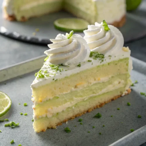 Easy Key Lime Cake Recipe 2 A slice of Easy Key Lime Cake with whipped cream and lime zest.