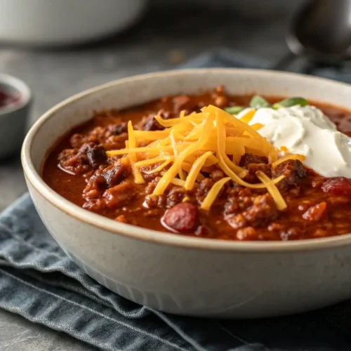 Close-up of Easy No Bean Chili topped with cheese and sour cream.