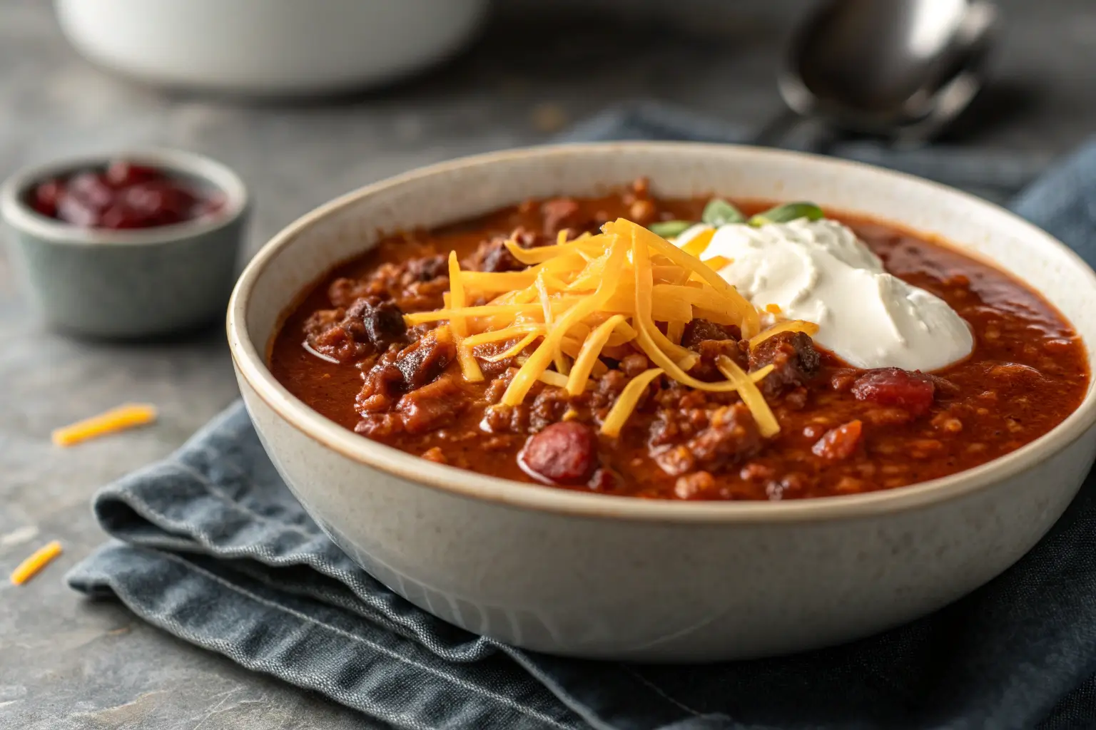 Close-up of Easy No Bean Chili topped with cheese and sour cream.