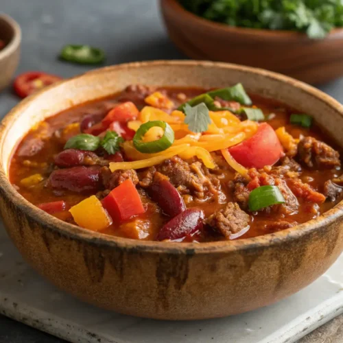 Easy No Bean Chili Recipe 3 A close-up of no bean chili in a rustic bowl on a gray table.