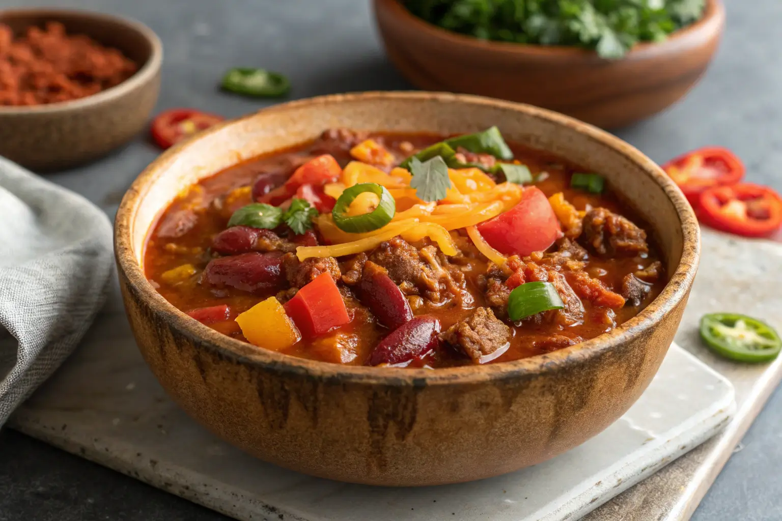 A close-up of no bean chili in a rustic bowl on a gray table.