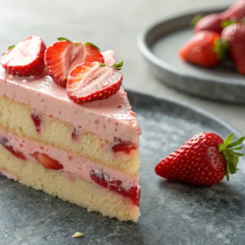 Fresh Strawberry Cake From Scratch 2 A slice of fresh strawberry cake on a gray concrete surface.