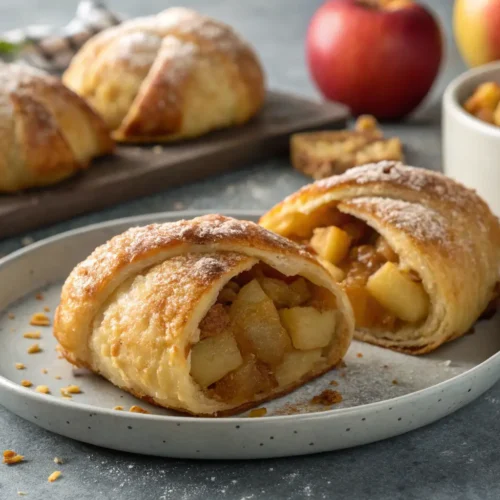 Grandma's Apple Dumplings Using Crescent Rolls 2 Close-up of apple dumplings with flaky crust and apple filling.
