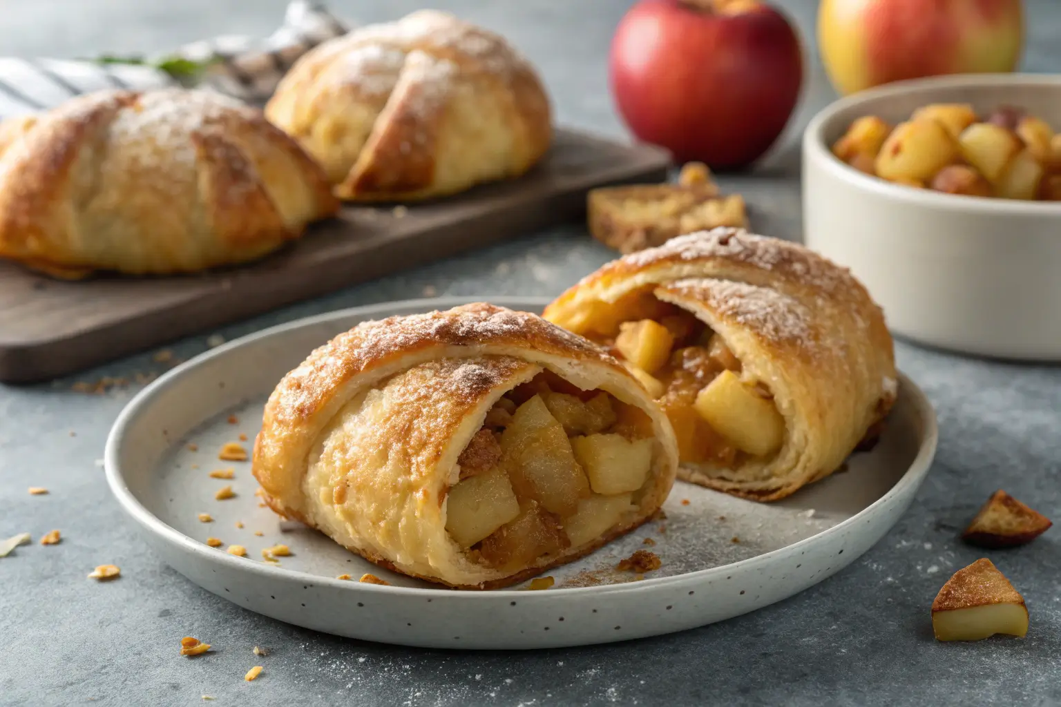 Close-up of apple dumplings with flaky crust and apple filling.