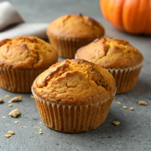 Keto Pumpkin Muffins - Gluten Free and Low Carb 2 Close-up of Keto Pumpkin Muffins on a gray concrete surface.