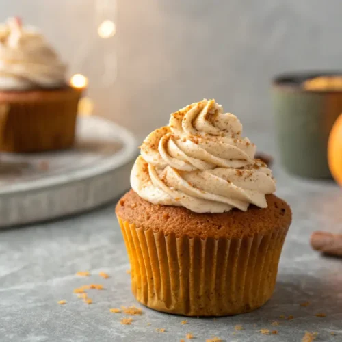 Low Carb Pumpkin Spice Latte Cupcakes Recipe 2 Close-up of a frosted pumpkin spice latte cupcake.