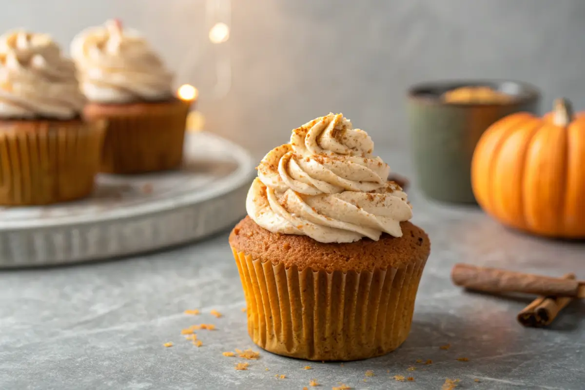 Close-up of a frosted pumpkin spice latte cupcake.