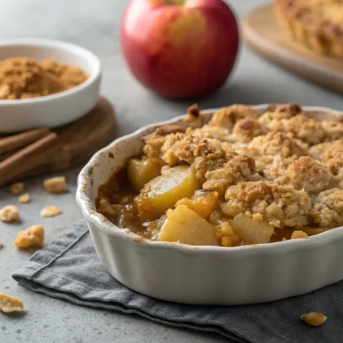 Oatmeal Apple Cobbler Recipe 3 Close-up of Oatmeal Apple Cobbler with oatmeal topping.