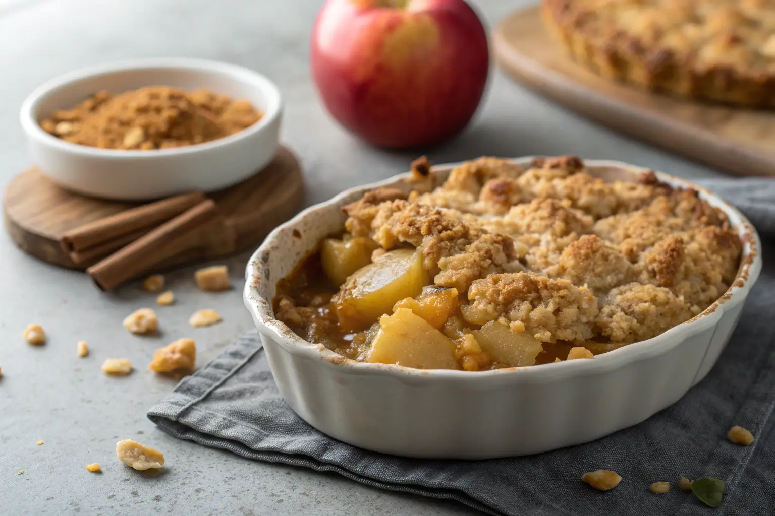 Close-up of Oatmeal Apple Cobbler with oatmeal topping.