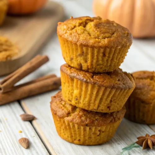 Quick and Easy Keto Pumpkin Muffins 2 Close-up of keto pumpkin muffins stacked on a wooden surface.