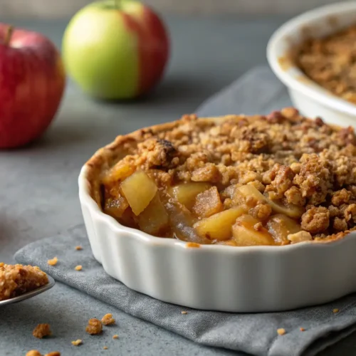 Close-up of a delicious apple crisp recipe with oat topping.