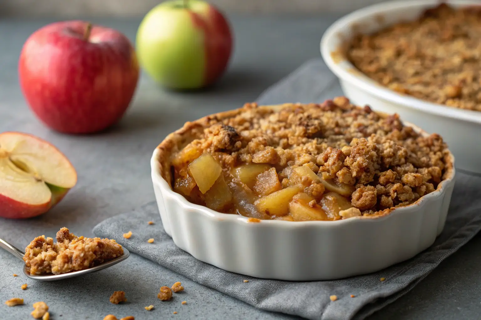 Close-up of a delicious apple crisp recipe with oat topping.