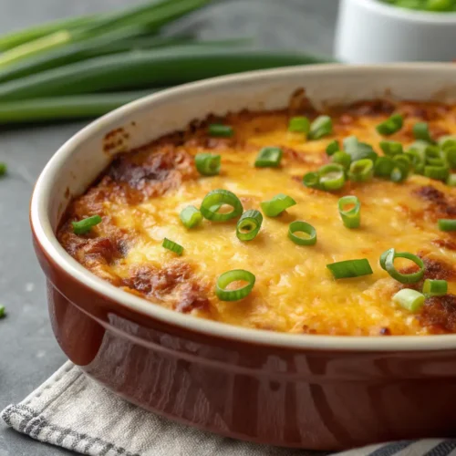 Skyline Chili Dip with melted cheese and green onions on top