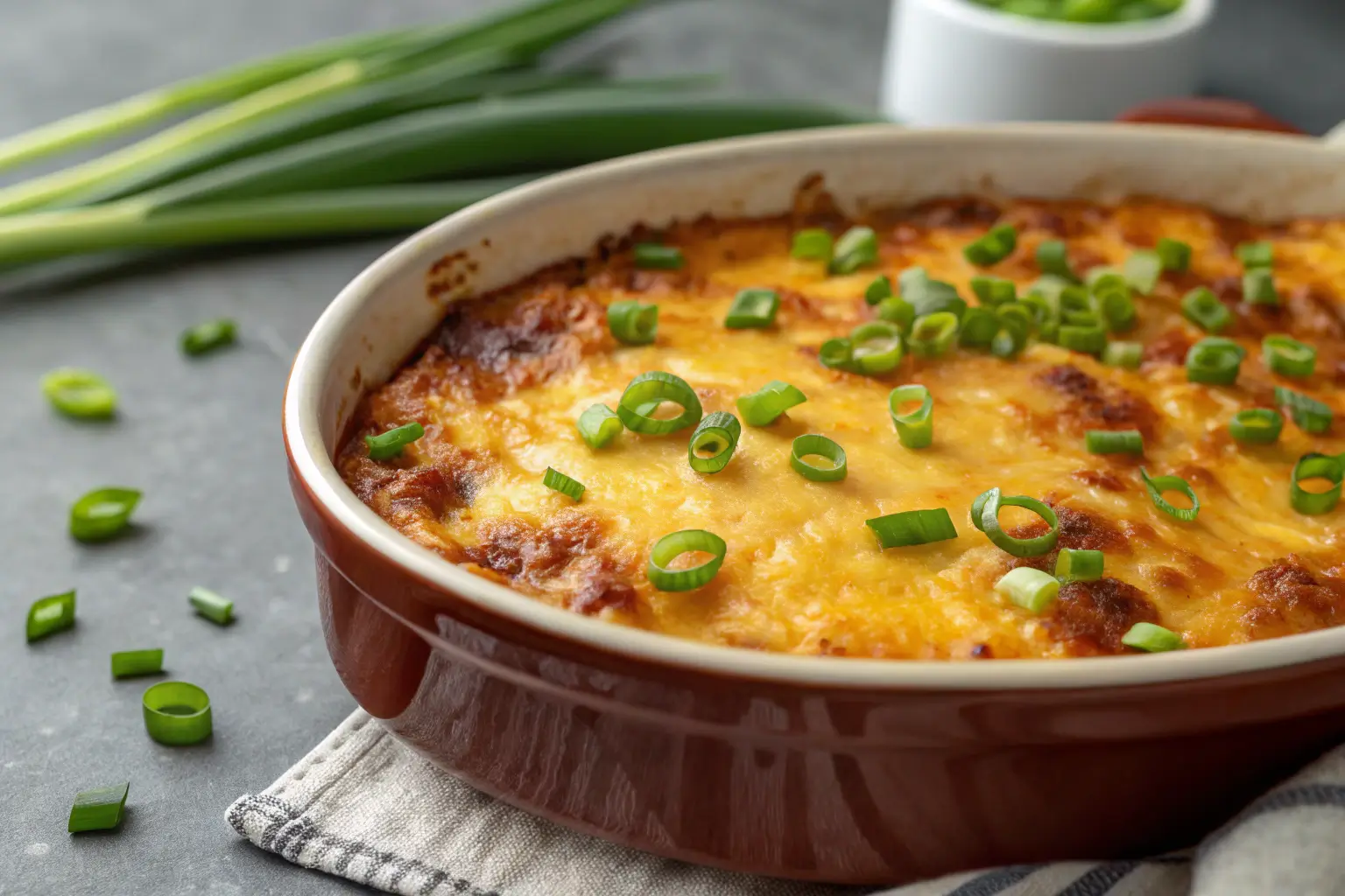 Skyline Chili Dip with melted cheese and green onions on top