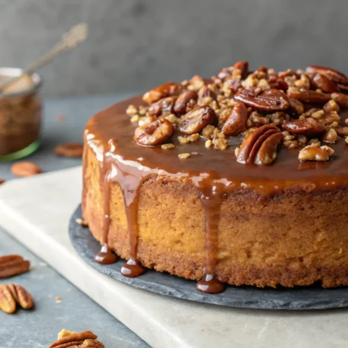 Southern Pecan Praline Cake Recipe 2 Southern Pecan Praline Cake with praline topping and pecans