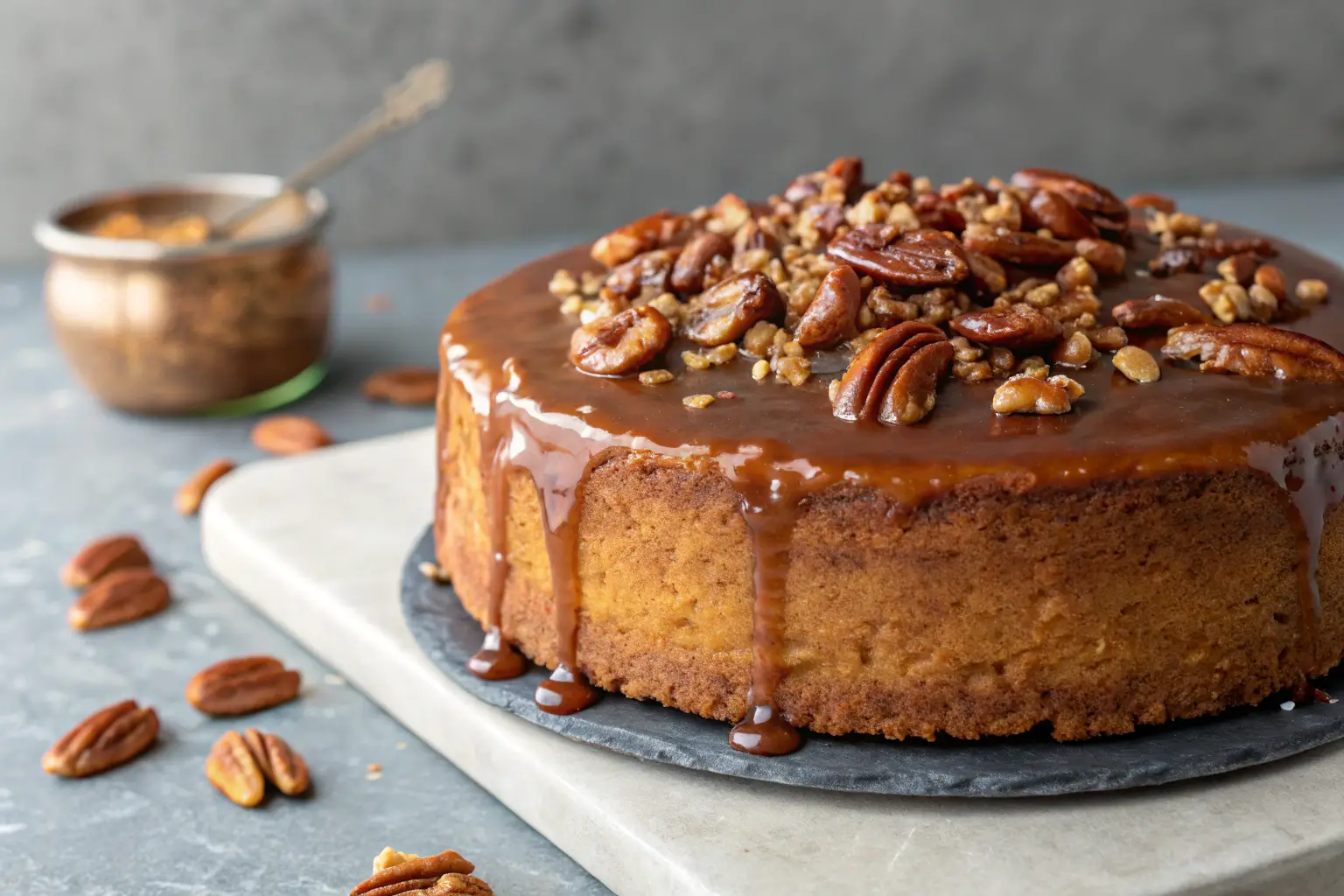 Southern Pecan Praline Cake with praline topping and pecans