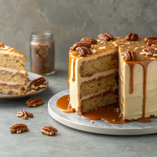 Southern Pecan Praline Cake Recipe 2 Close-up of Southern Pecan Praline Cake with caramel drizzle.
