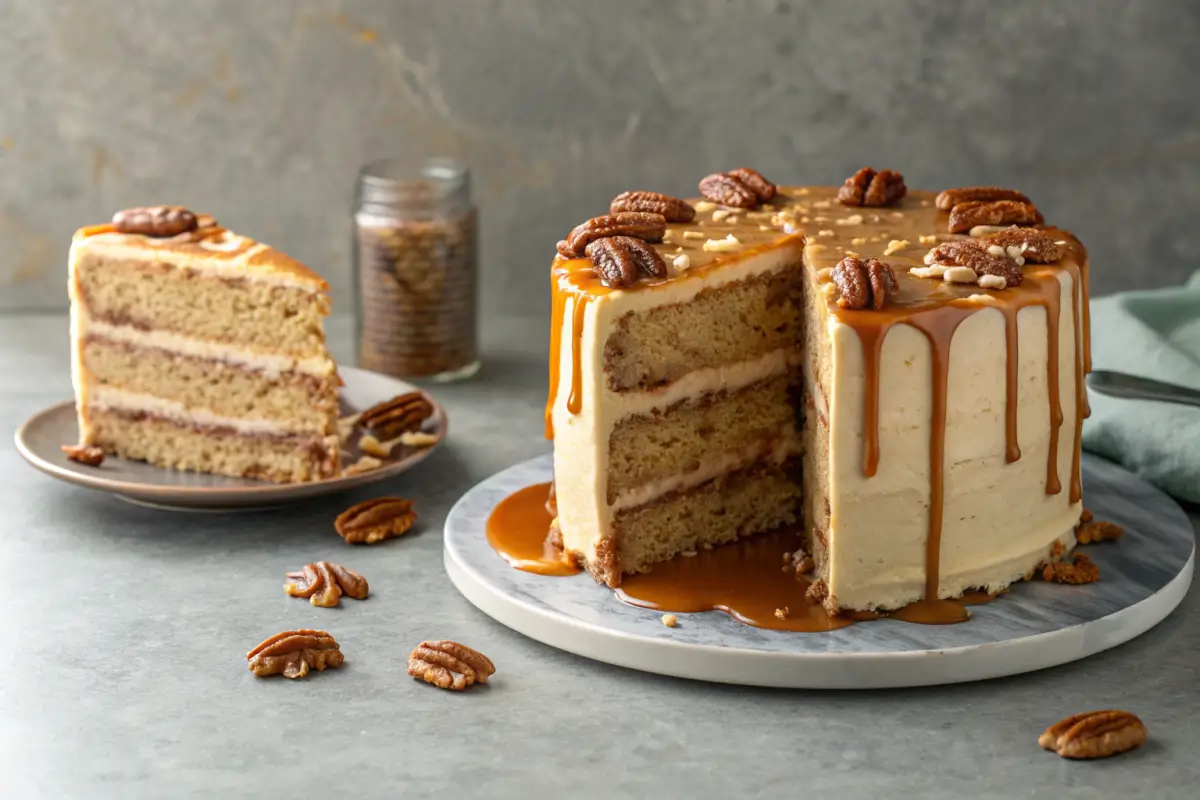 Close-up of Southern Pecan Praline Cake with caramel drizzle.