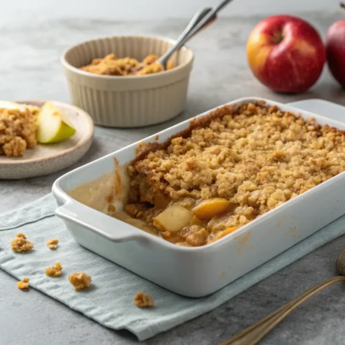 Close-up of Amish Apple Crisp with golden oat topping.