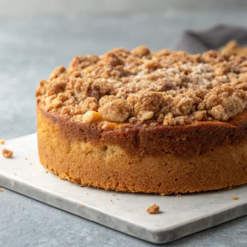 Apple Cider Cake Recipe With Applesauce 3 Close-up of apple cider cake with streusel topping.