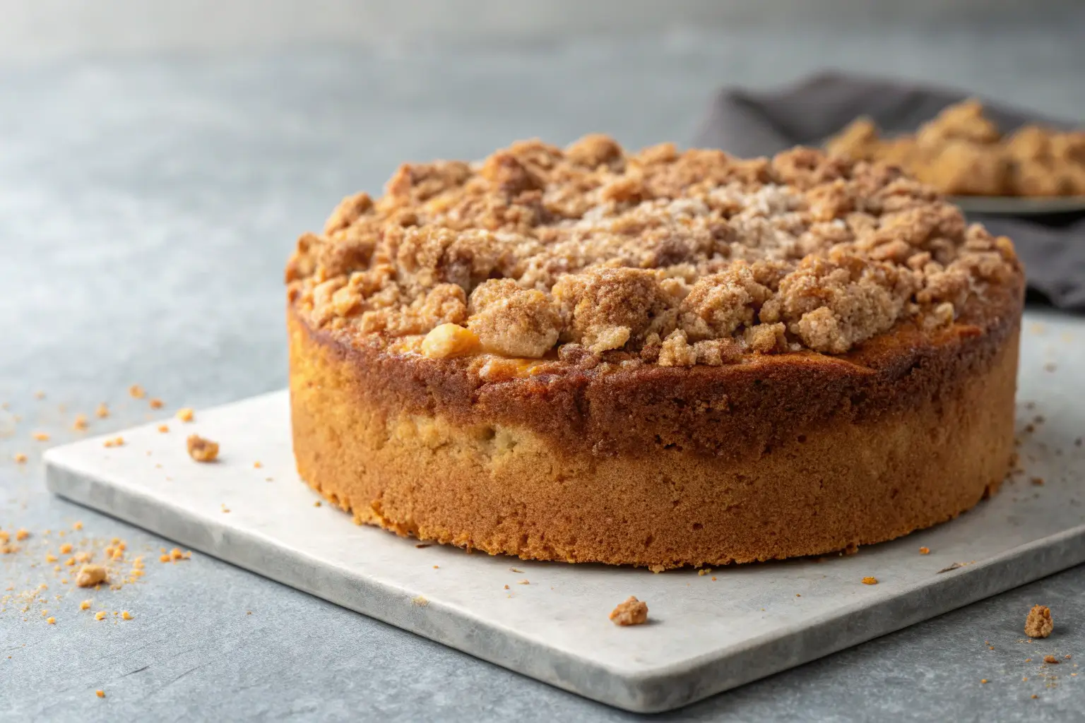 Close-up of apple cider cake with streusel topping.