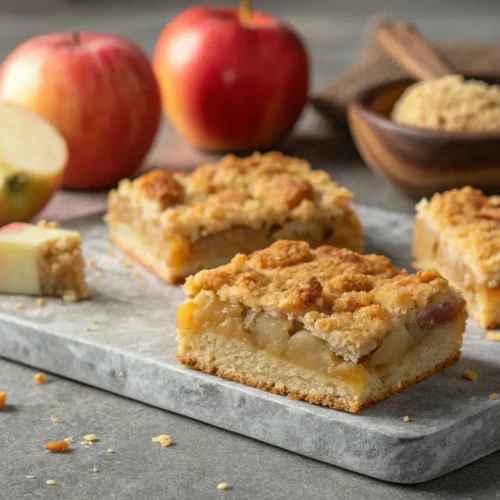Delicious Apple Crumble Bars Recipe 3 Close-up of delicious apple crumble bars on a gray surface.