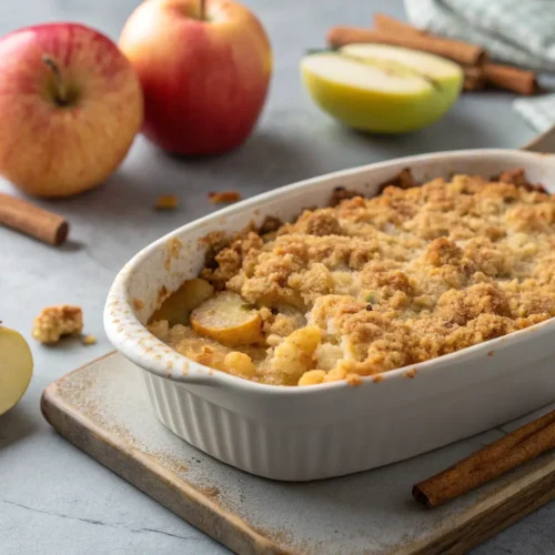 Apple Dessert Recipes: Sweet and Simple Treats 3 Close-up of baked apple crumble dessert in a dish.