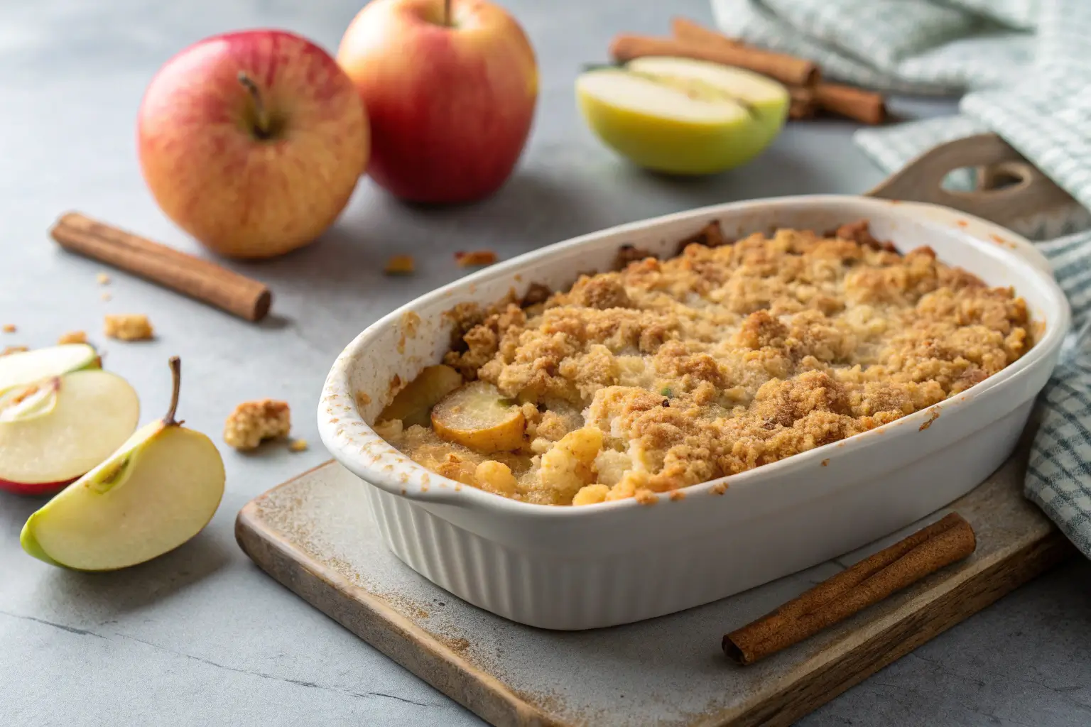 Close-up of baked apple crumble dessert in a dish.