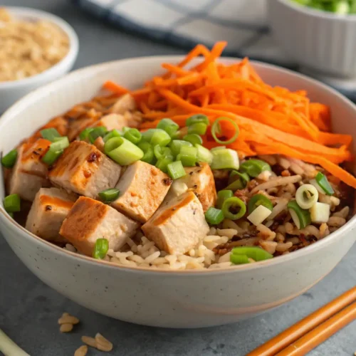 Bang Bang Chicken Bowl for One 3 Bang Bang Chicken Bowl with chicken, rice, and veggies