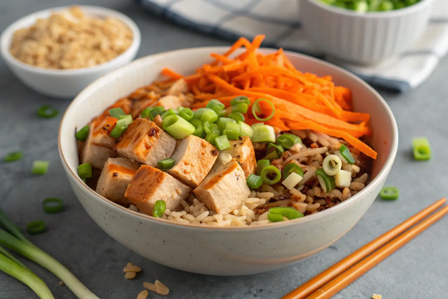 Bang Bang Chicken Bowl with chicken, rice, and veggies