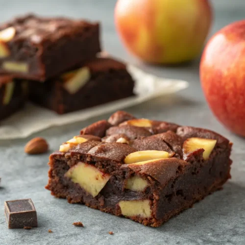 Best Apple Brownies for Easy Fall Dessert 3 Close-up of a rich apple brownie with chocolate and apple chunks.