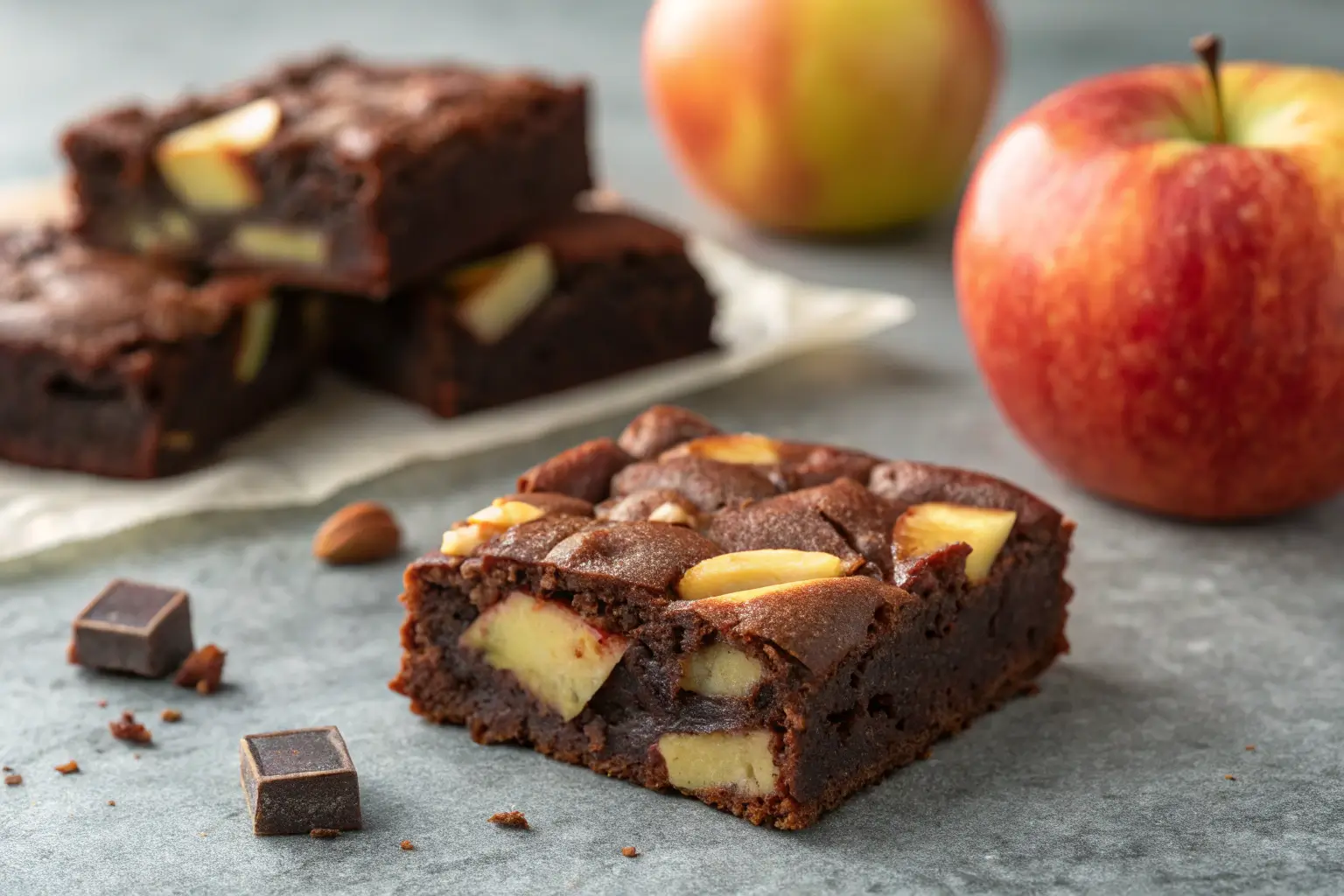 Close-up of a rich apple brownie with chocolate and apple chunks.