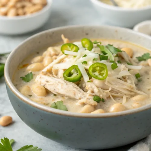 Best White Chicken Chili Recipe in a Crockpot 3 Creamy white chicken chili with shredded chicken and beans