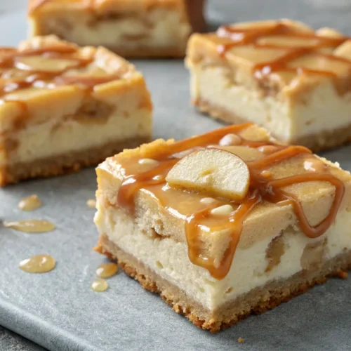 Caramel Apple Cheesecake Bars Recipe 3 Close-up of Caramel Apple Cheesecake Bars with caramel drizzle.