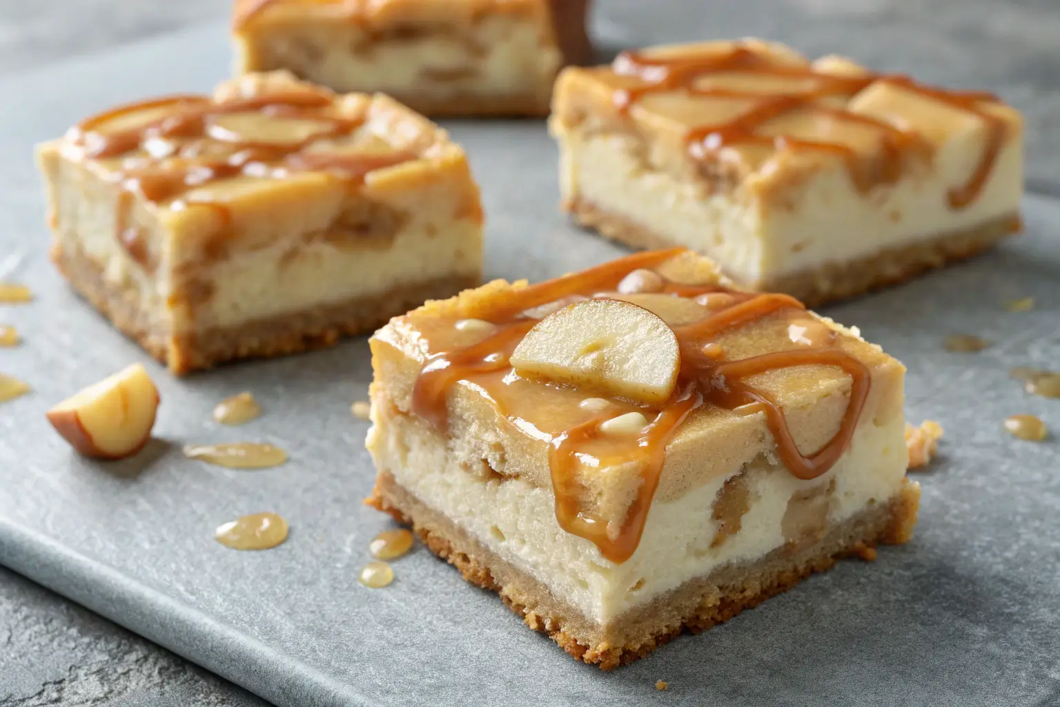 Close-up of Caramel Apple Cheesecake Bars with caramel drizzle.