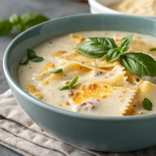 Cozy Cheesy White Lasagna Soup Recipe 2 Creamy Cheesy White Lasagna Soup in a bowl with basil garnish