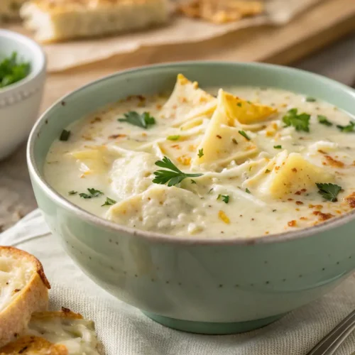 Cheesy White Lasagna Soup Recipe 2 Cheesy White Lasagna Soup in a bowl on a wooden tabletop.