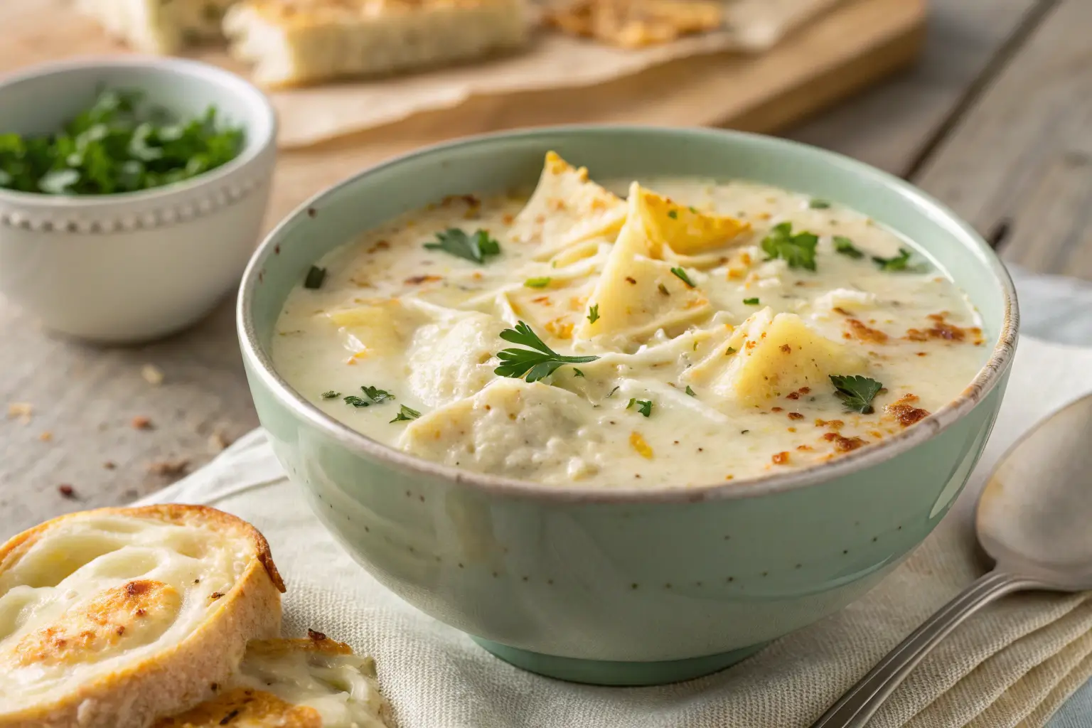 Cheesy White Lasagna Soup Recipe 1 Cheesy White Lasagna Soup in a bowl on a wooden tabletop.