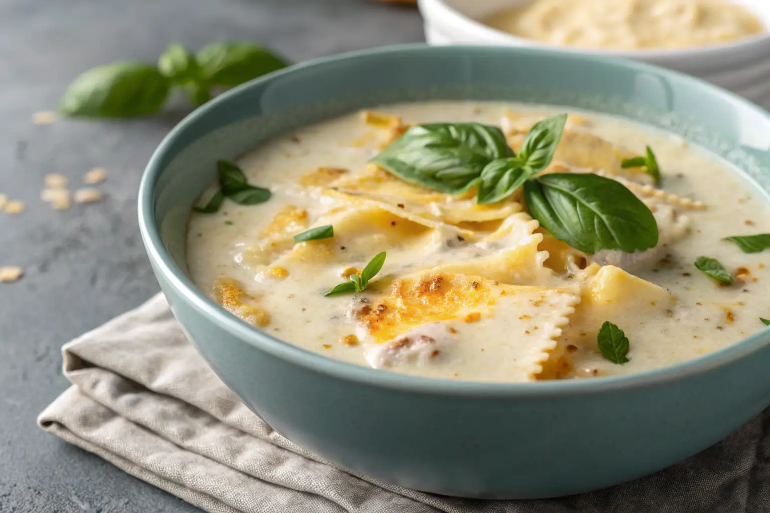 Cozy Cheesy White Lasagna Soup Recipe 1 Creamy Cheesy White Lasagna Soup in a bowl with basil garnish