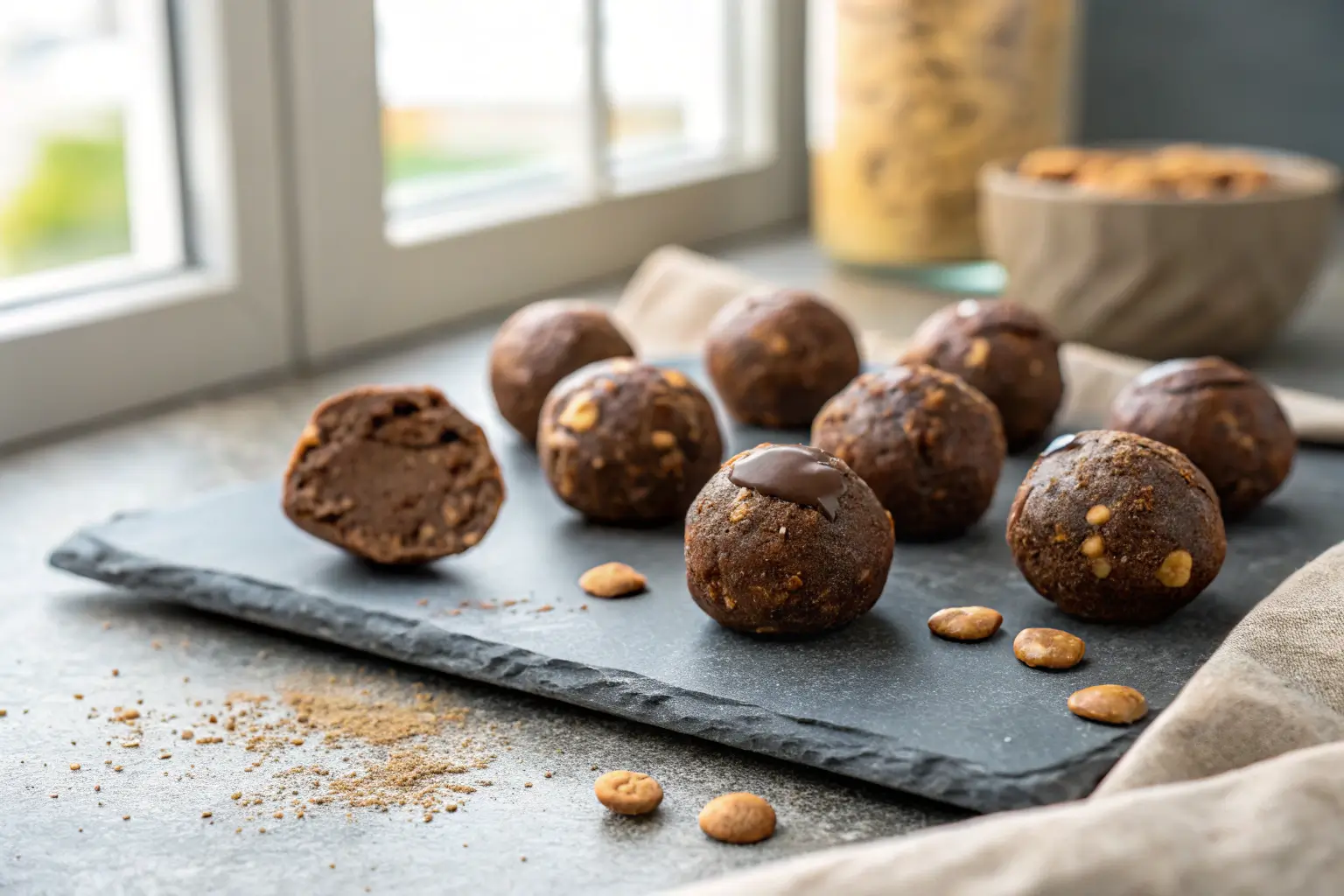 Close-up of chocolate peanut butter protein balls on gray surface.