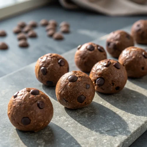 Chocolate Protein Balls: Easy No-Bake Recipe 3 Close-up of Chocolate Protein Balls on a gray concrete surface.