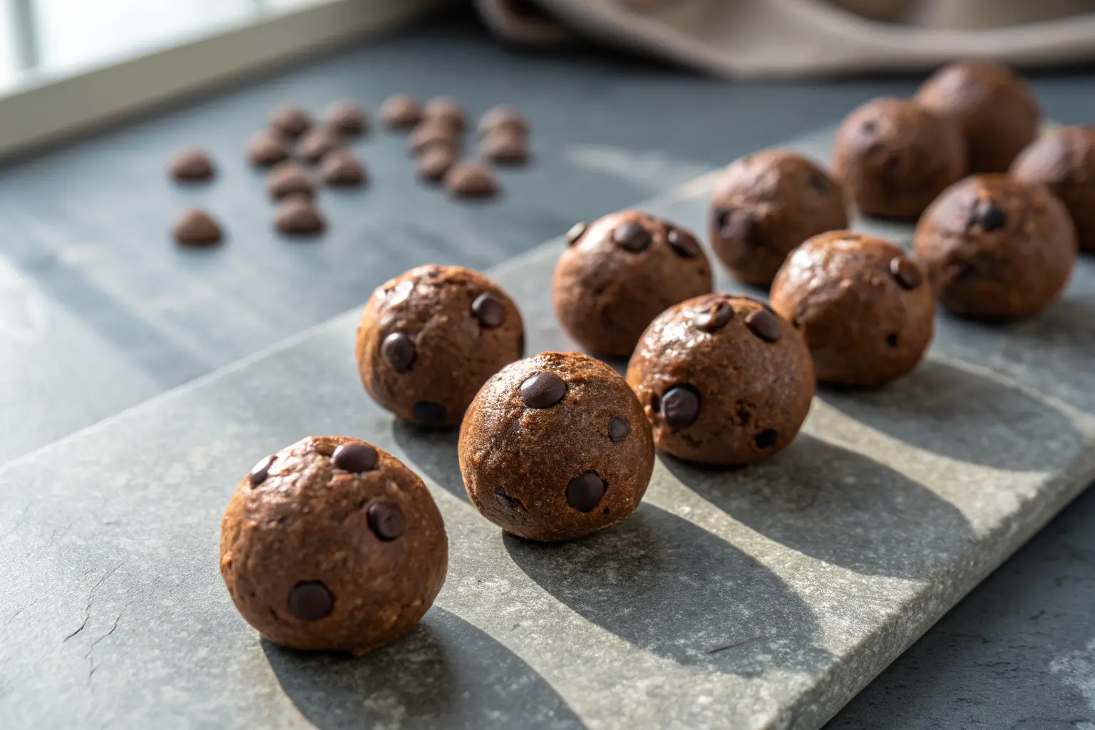 Close-up of Chocolate Protein Balls on a gray concrete surface.