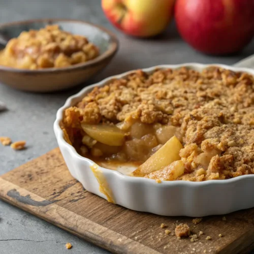 Classic Apple Crisp Recipe With Oats 2 Close-up of Classic Apple Crisp with oat topping on gray surface.