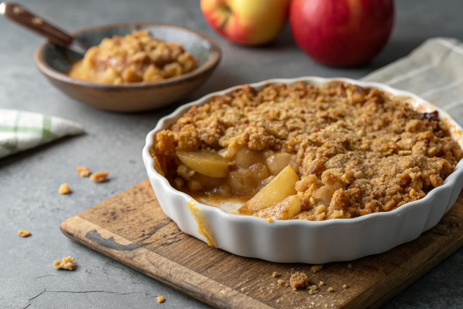 Close-up of Classic Apple Crisp with oat topping on gray surface.