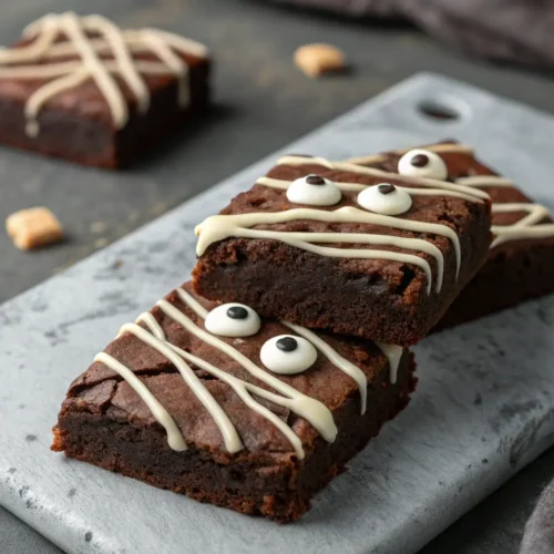 Classic Halloween Party Brownies with a Spooky Mummy Finish 3 Close-up of Halloween mummy brownies with white chocolate drizzle.