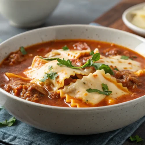 Classic Italian Lasagna Soup Recipe 2 Bowl of Classic Lasagna Soup with melted cheese and pasta.