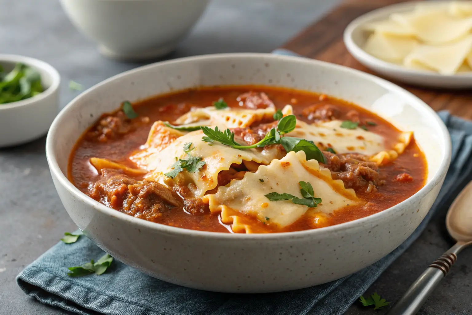 Classic Italian Lasagna Soup Recipe 1 Bowl of Classic Lasagna Soup with melted cheese and pasta.