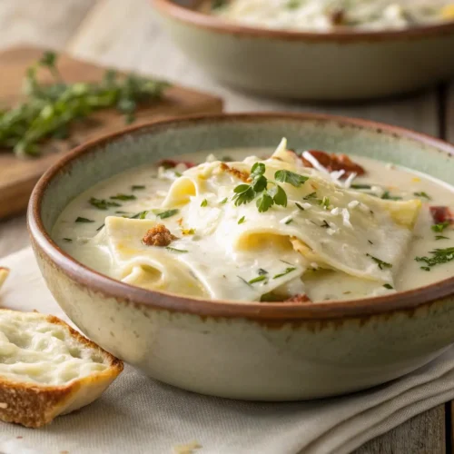 Cozy White Lasagna Soup for Winter Nights 2 Creamy Cozy White Lasagna Soup in a rustic bowl