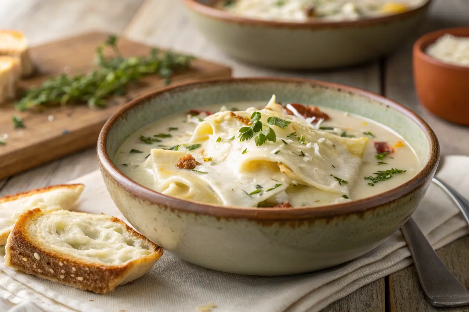 Cozy White Lasagna Soup for Winter Nights 1 Creamy Cozy White Lasagna Soup in a rustic bowl