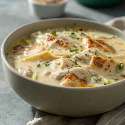 Creamy Chicken White Lasagna Soup Recipe 2 Creamy chicken white lasagna soup topped with cheese.